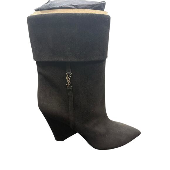 Saint Laurent Niki Ankle Booties Logo Heel Black Suede Winter Statement Sz 5.5 - Picture 1 of 13
